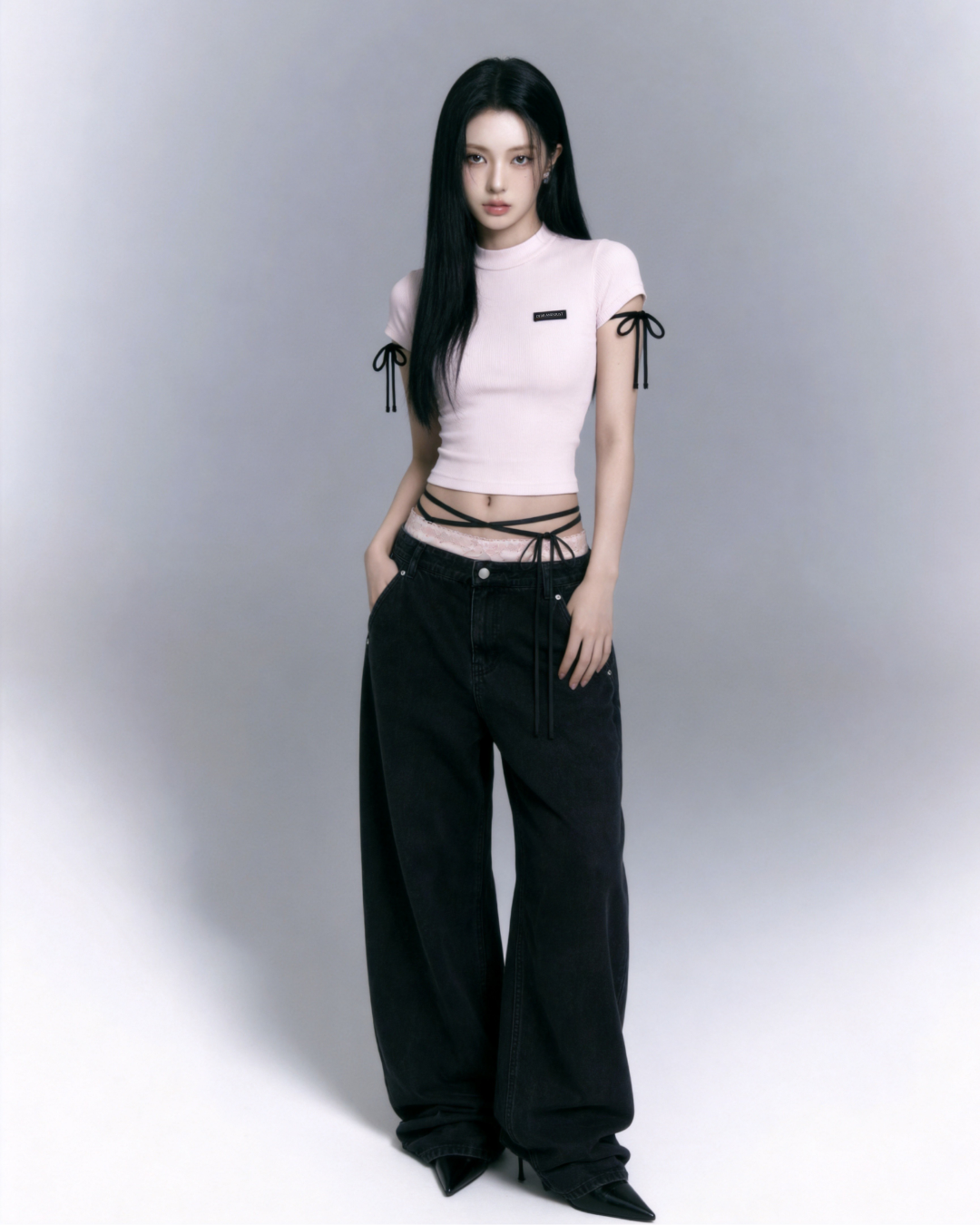 【Pre-Order】lace waist ribbon denim