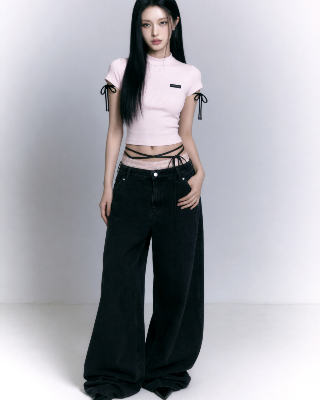 【Pre-Order】lace waist ribbon denim