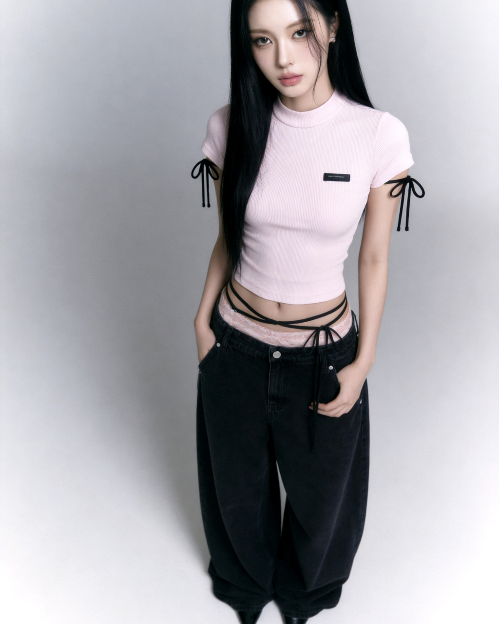 【Pre-Order】lace waist ribbon denim