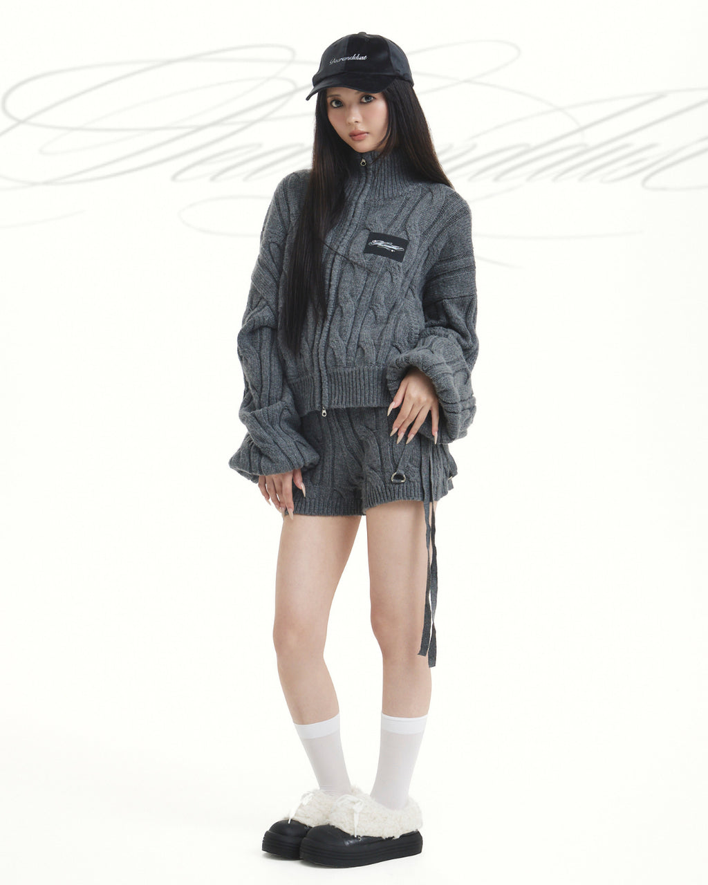【Pre-Order】heavy cable zip blouson / harness cable knit shorts