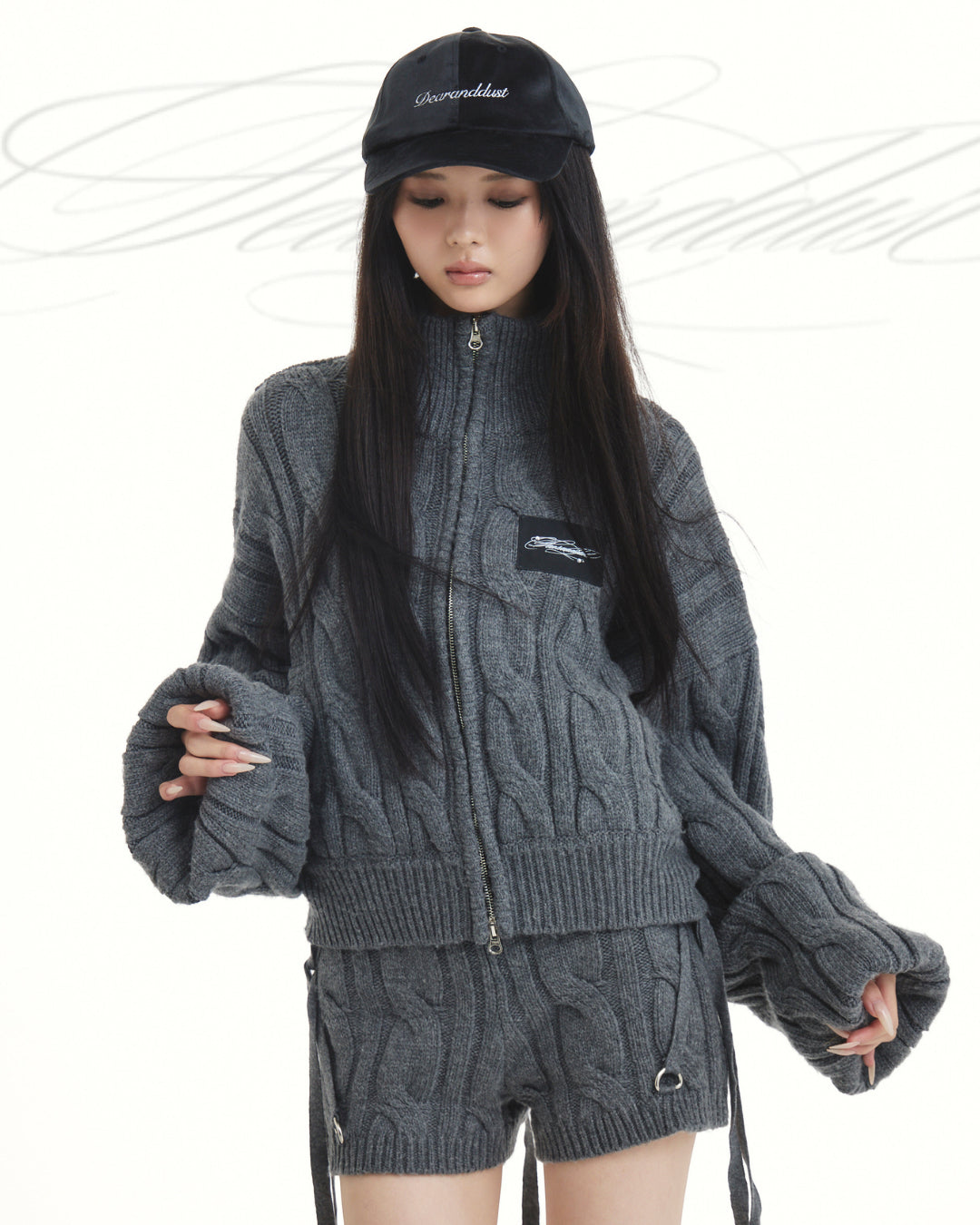 【Pre-Order】heavy cable zip blouson / harness cable knit shorts