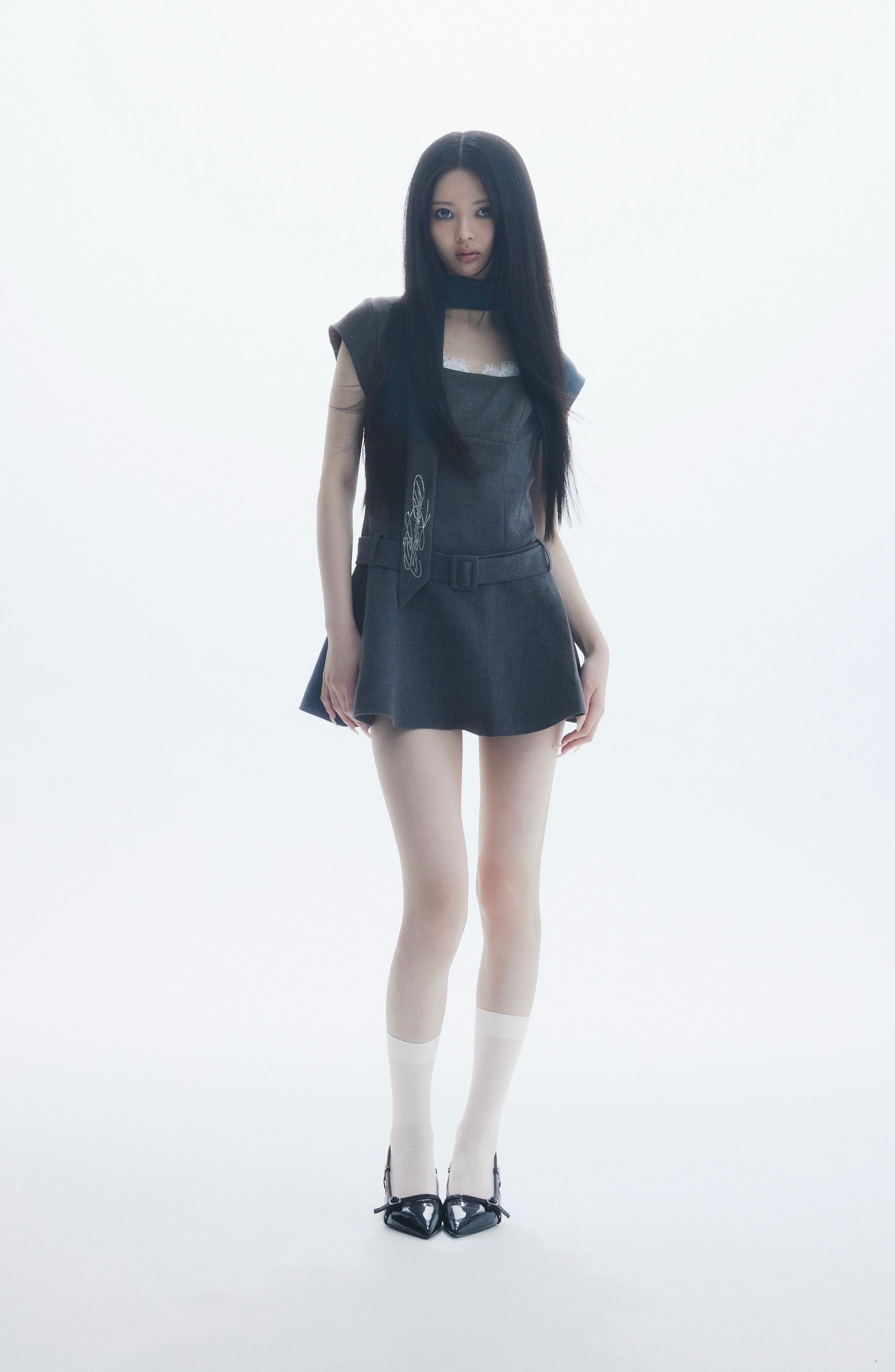 neck scarf flare one-piece