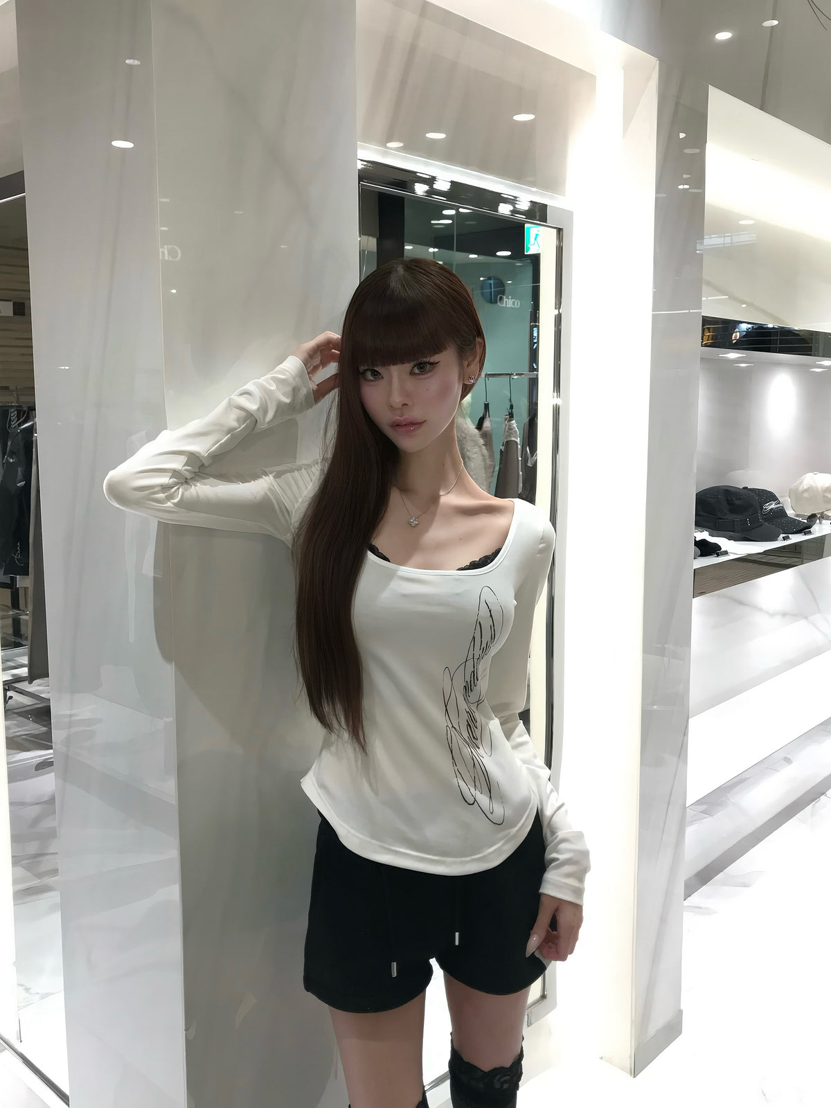 square neck graphic long tee